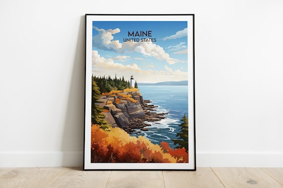 Maine Lighthouse Autumn Coast Vintage Travel Illustration Poster