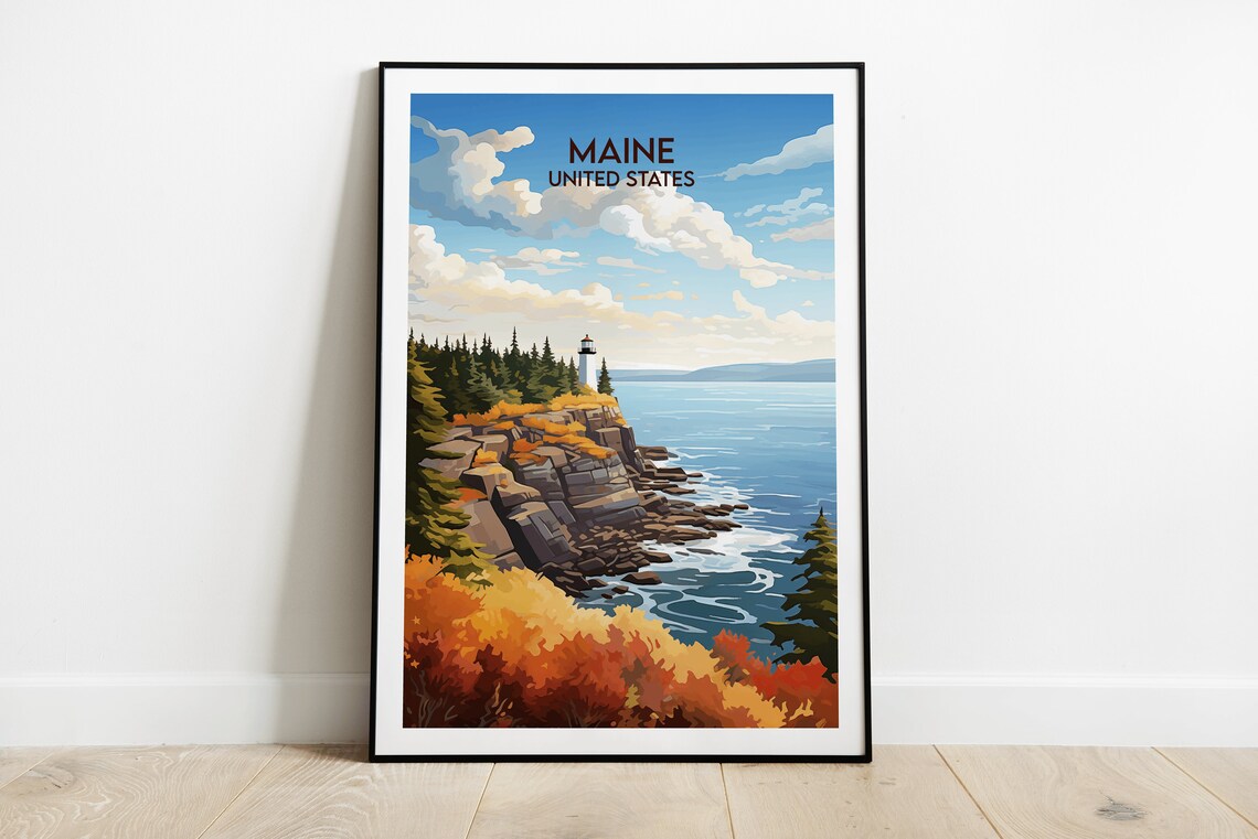 Maine Lighthouse Autumn Coast Vintage Travel Illustration Poster