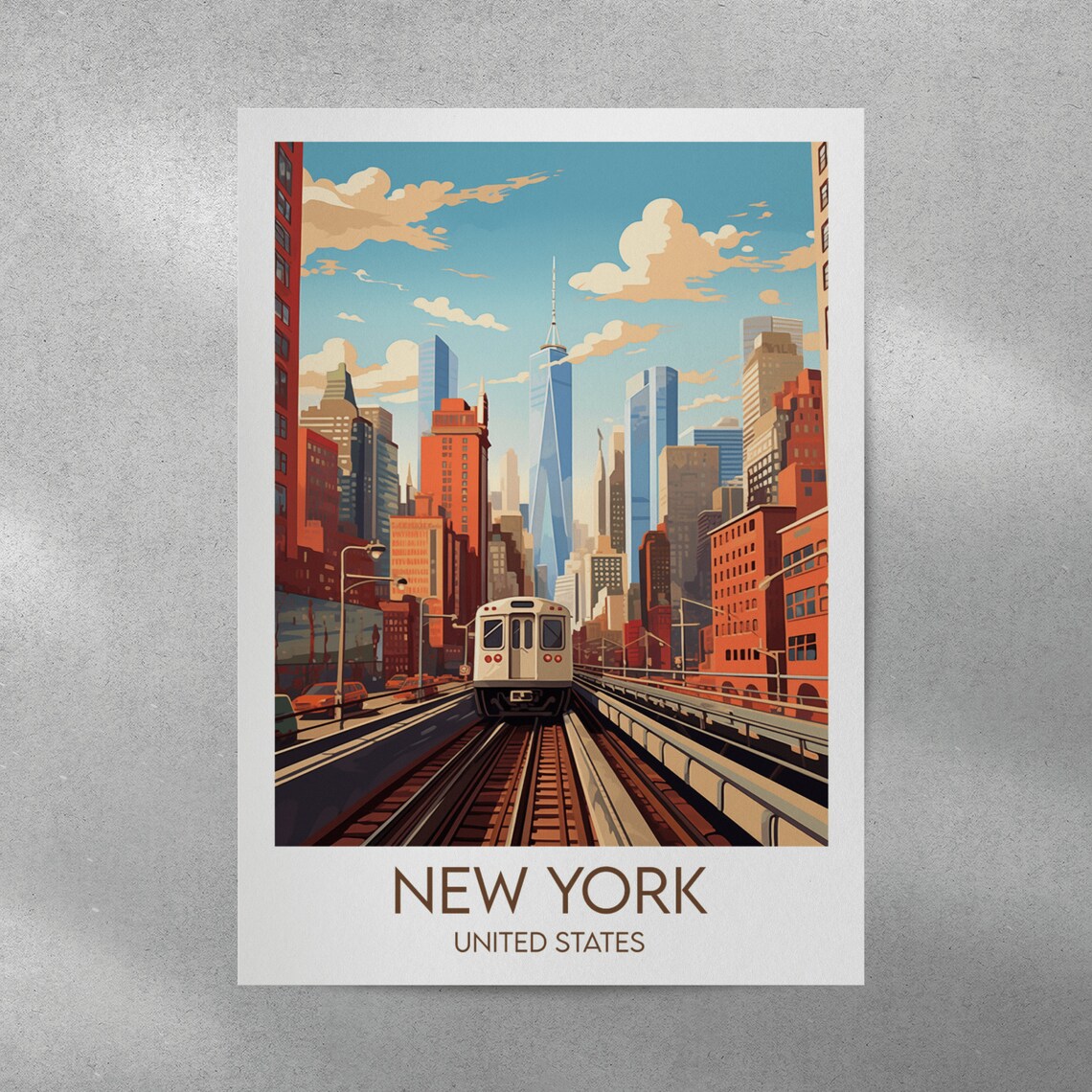 New York City Elevated Subway Train Skyline Retro Travel Poster - Image 3