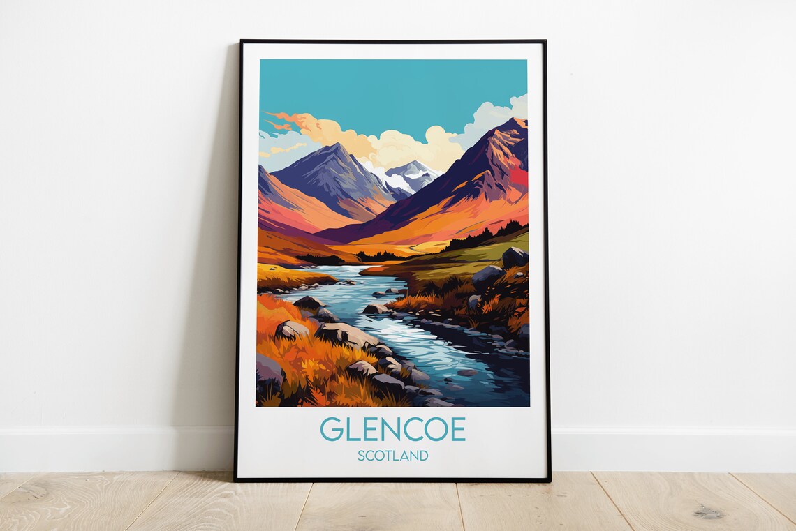 Glencoe Scotland Mountain River and Autumn Hills Travel Poster