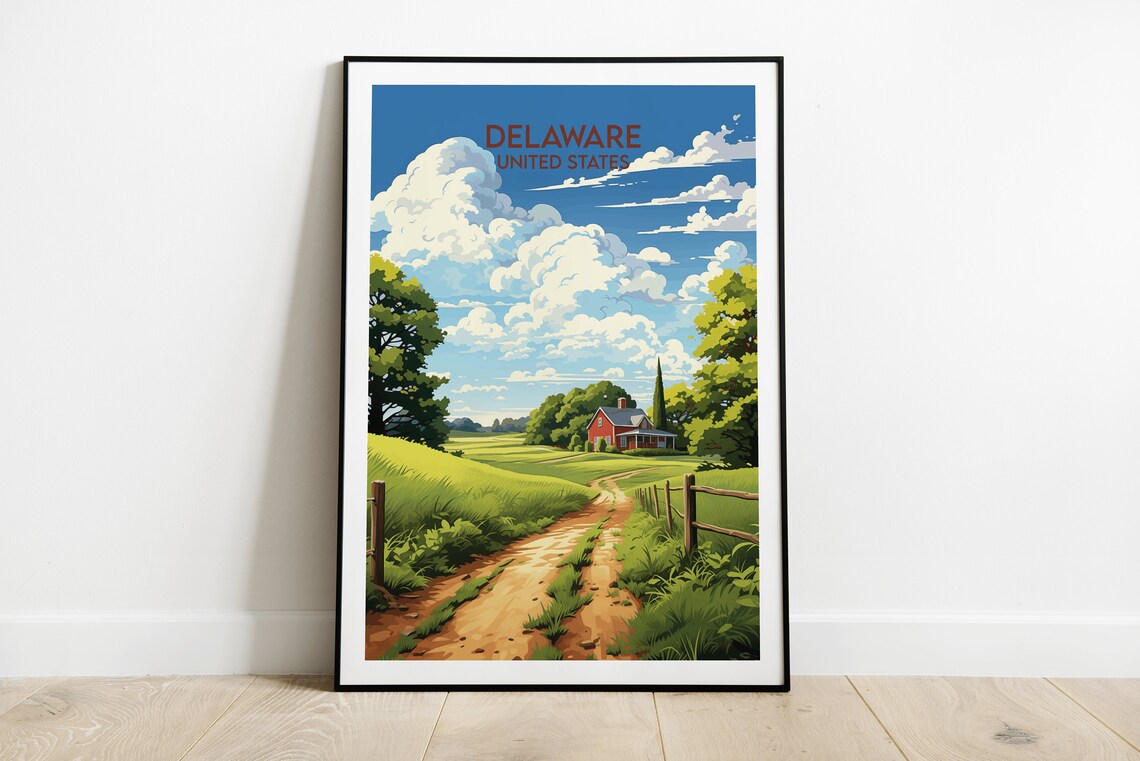 Delaware United States Farm Road Red Barn Countryside Travel Poster