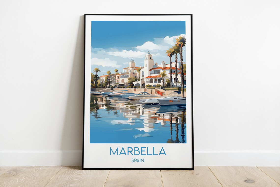 Marbella Spain Marina Harbor Palm Waterfront Vintage Travel Poster