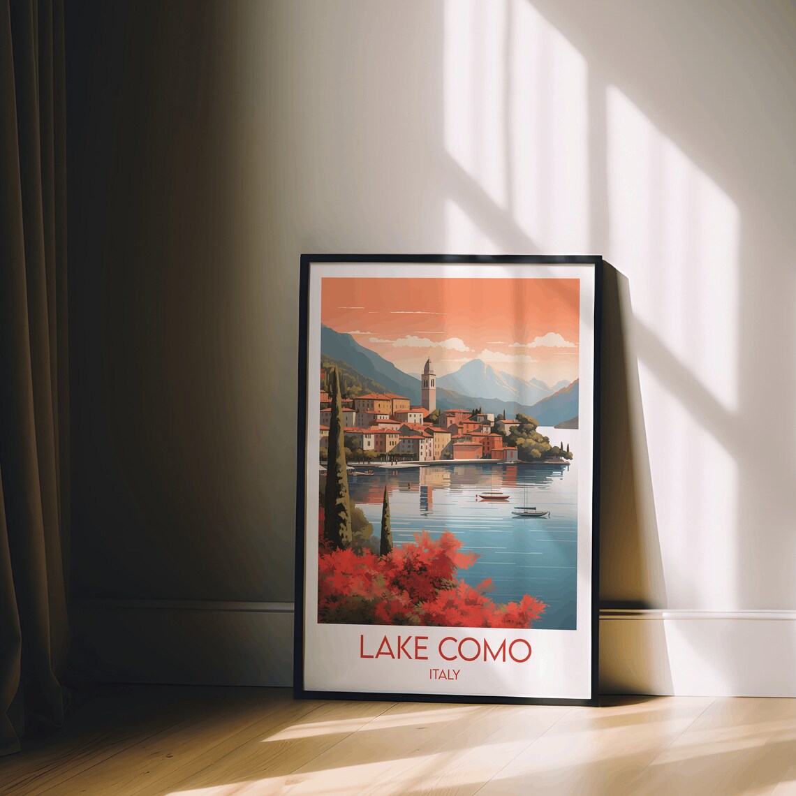 Lake Como Italy Sunset Village Bell Tower Lakeside Travel Art Poster - Image 2