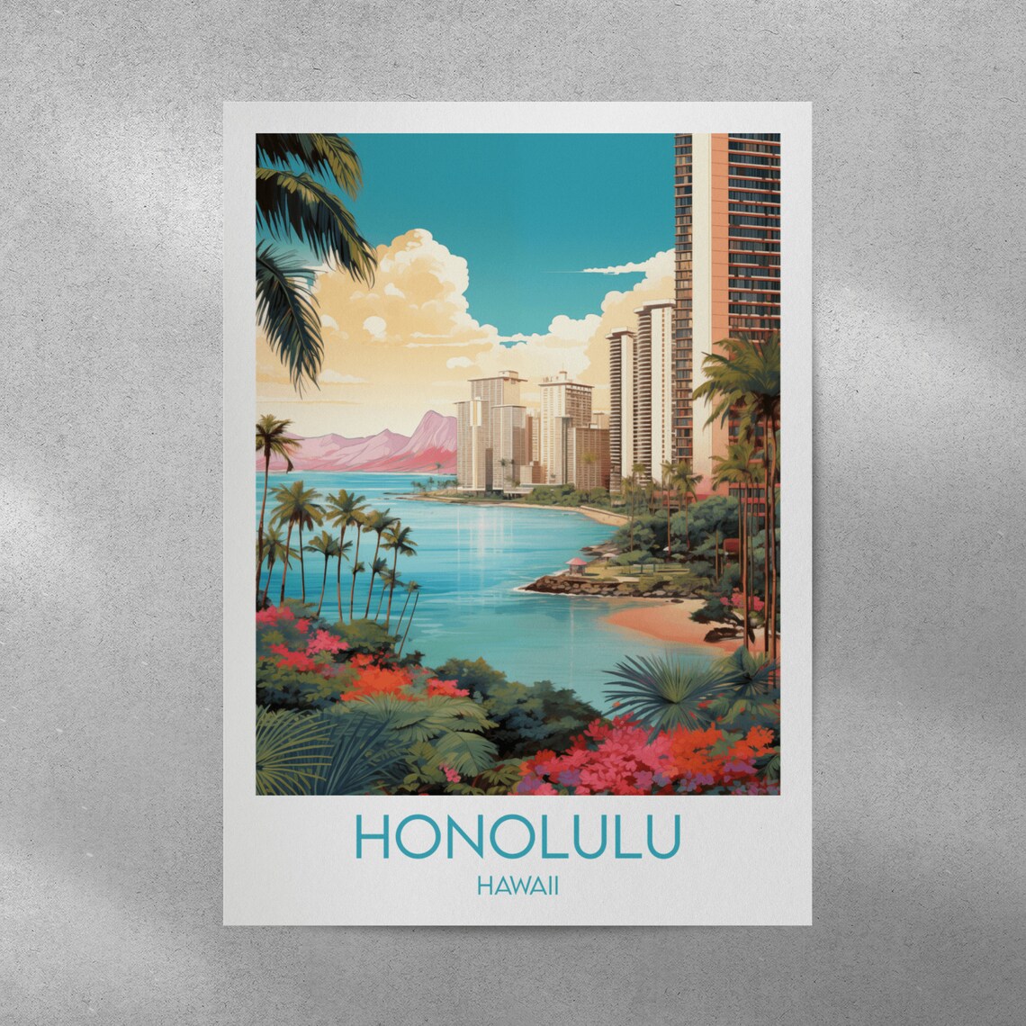 Honolulu Hawaii Tropical Lagoon Bay City Skyline Retro Poster - Image 3