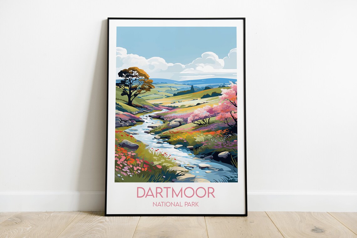 Dartmoor National Park Wildflower Stream Meadow Vintage Travel Poster