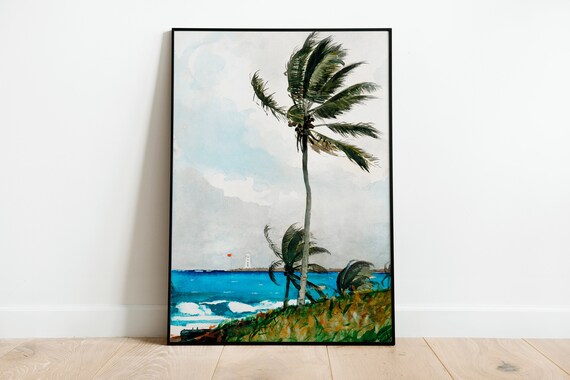 Vintage Coastal Palm Tree Beach Ocean Scene Watercolor Poster