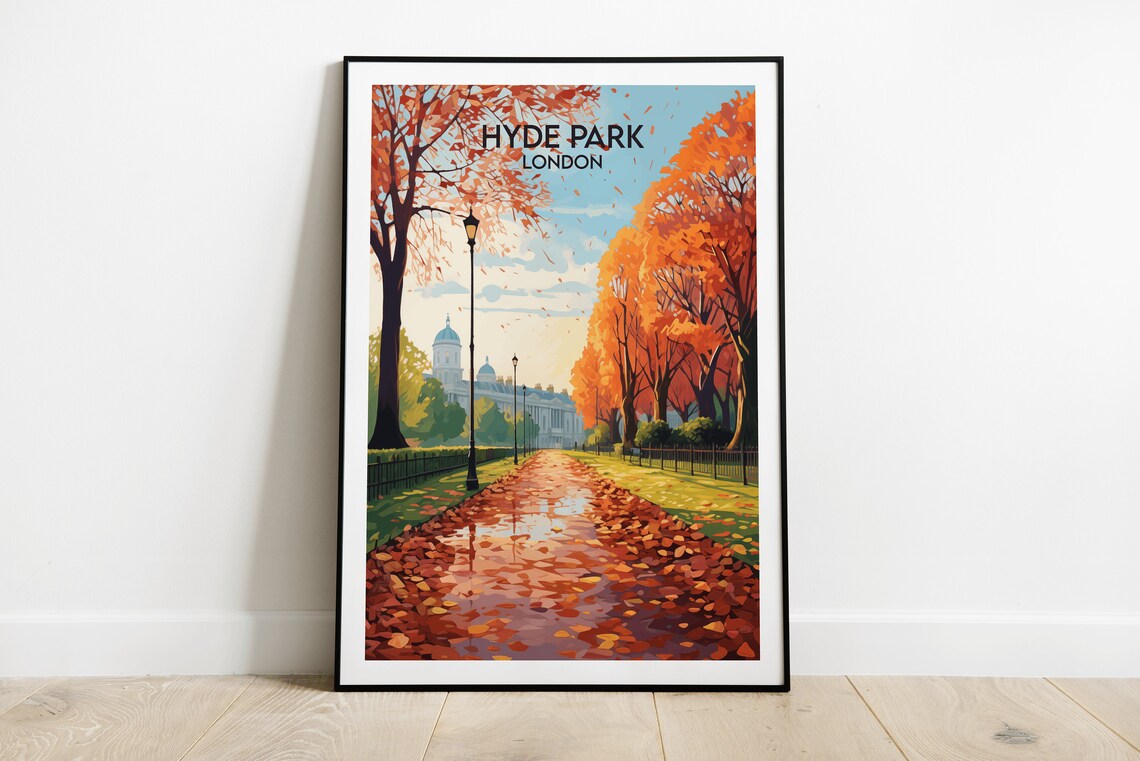 Hyde Park London Autumn Leaves Tree Avenue Vintage Travel Poster