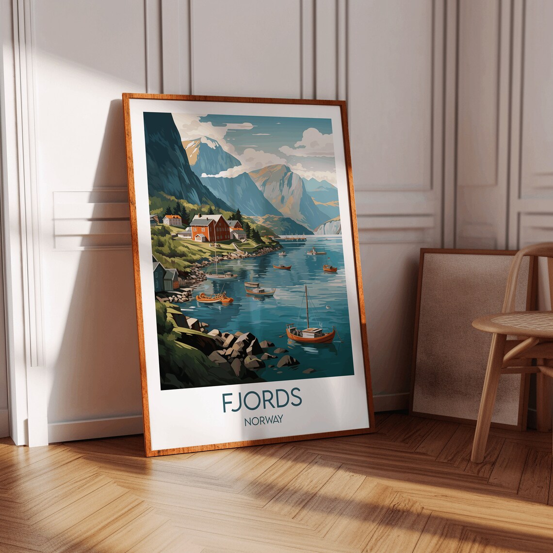 Norwegian Fjords Norway Red Fishing Cabins Harbor Travel Poster - Image 2