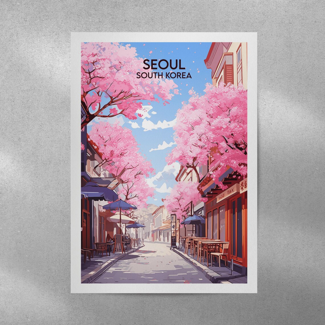 Seoul South Korea Cherry Blossom Street Cafe Travel Poster Art - Image 4