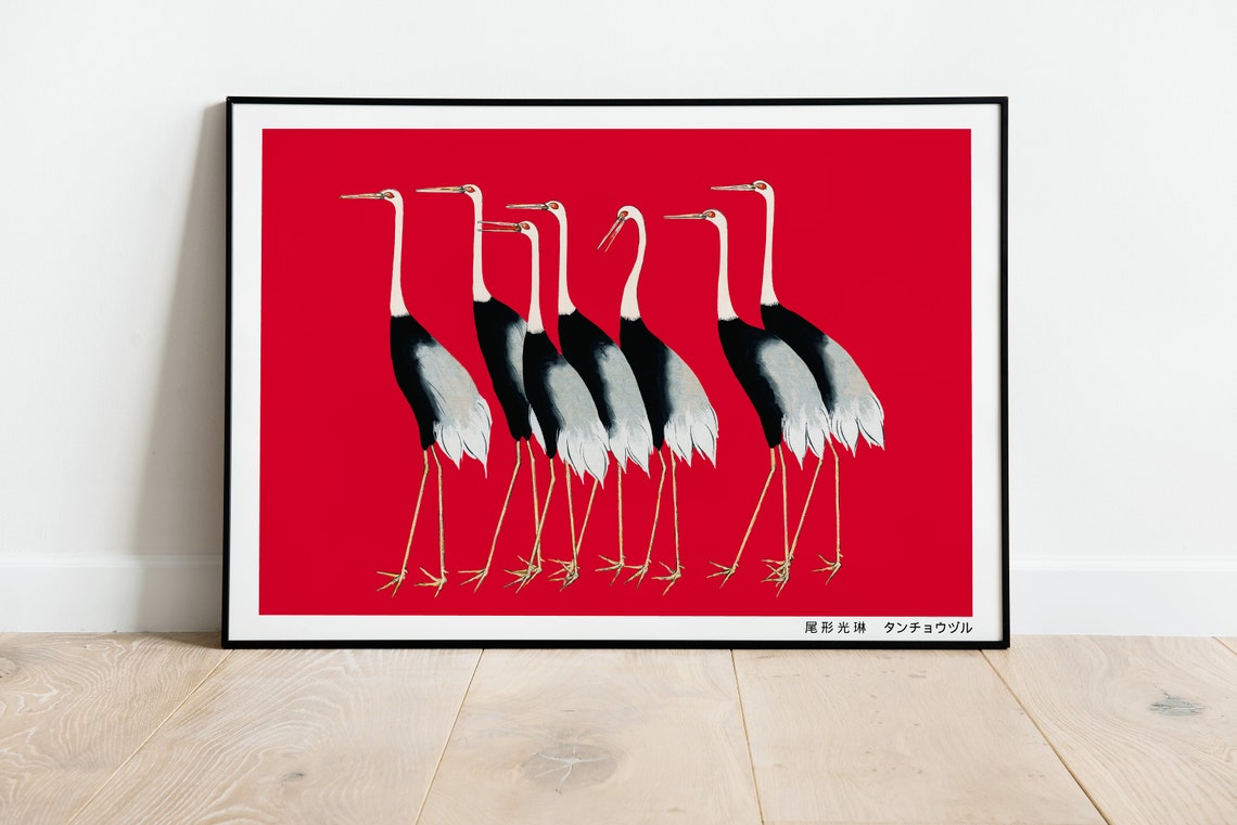 Japanese Red Crowned Crane Flock Vintage Illustration Poster