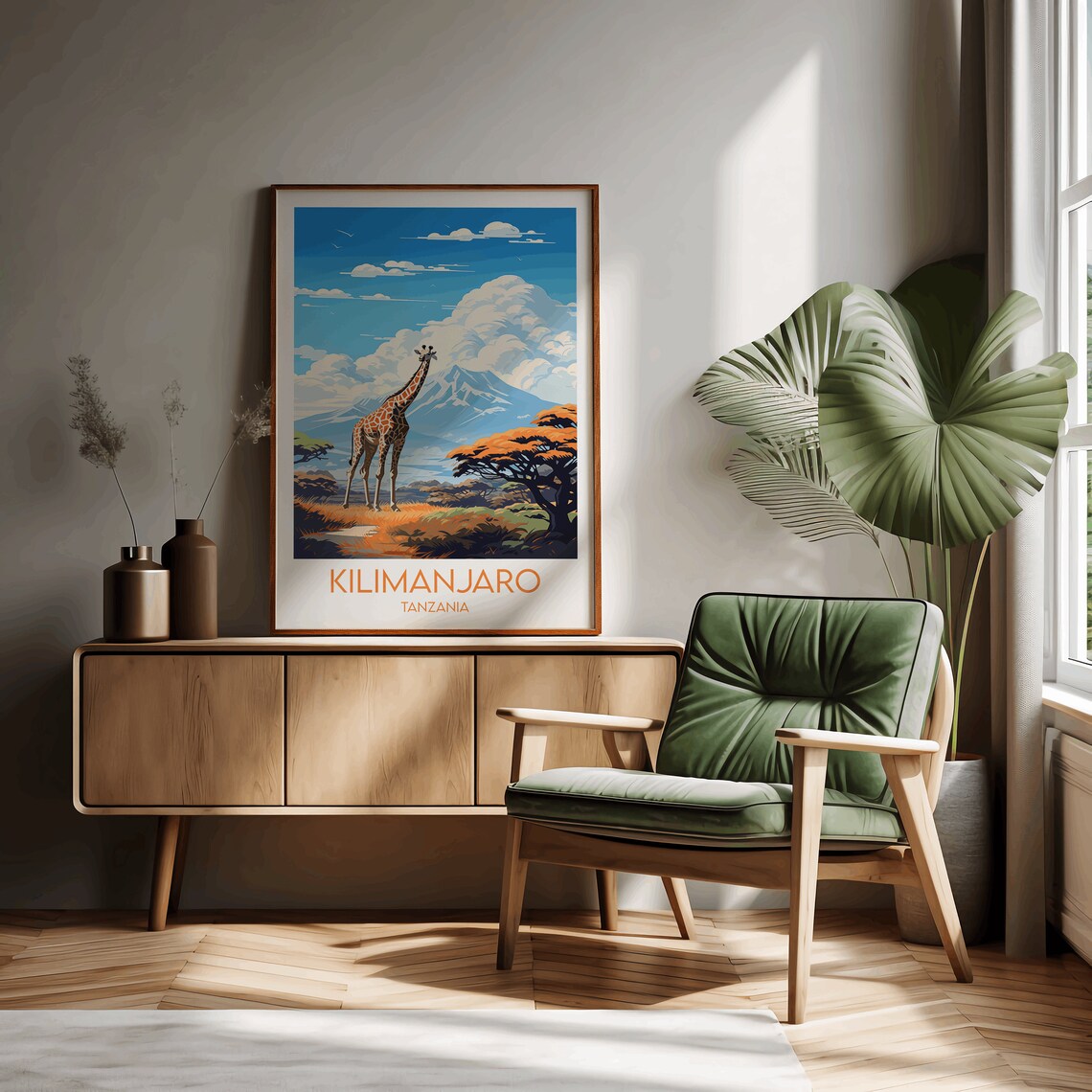Kilimanjaro Tanzania Giraffe Savanna Mountain Travel Poster Art - Image 3