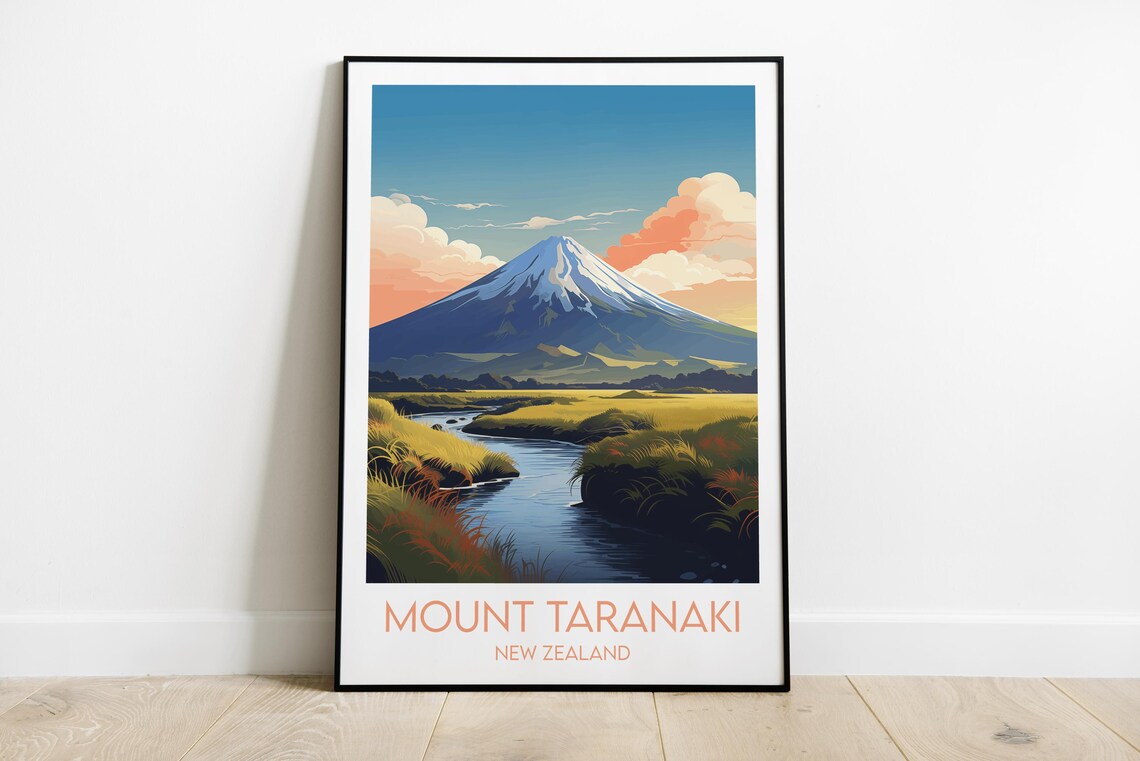 Mount Taranaki New Zealand Snowcapped Volcano Vintage Travel Poster