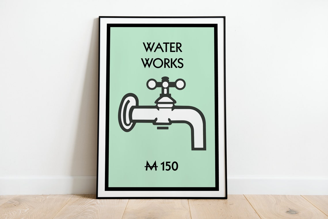 Waterworks Monopoly Inspired Bathroom Print Poster A3 A4 A5 Funny Bathroom Home Decor Wall Art Accessories Gift