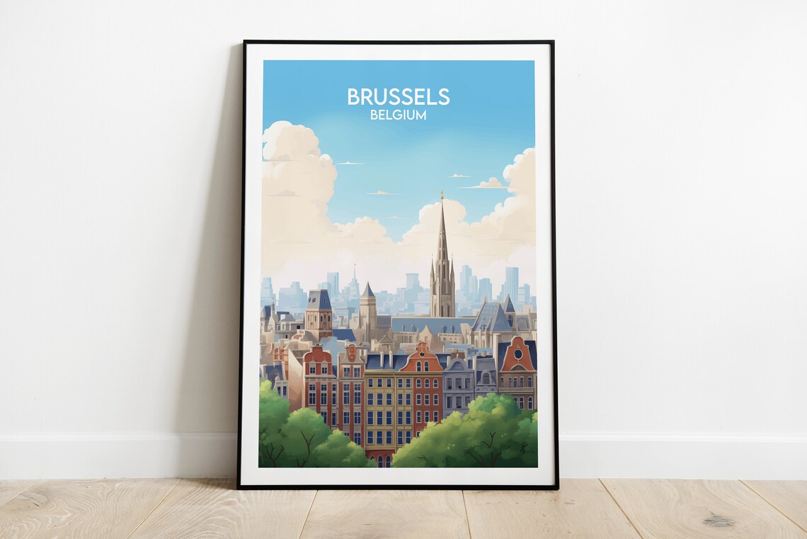 Brussels Belgium Historic Skyline Spires Classic Travel Art Poster
