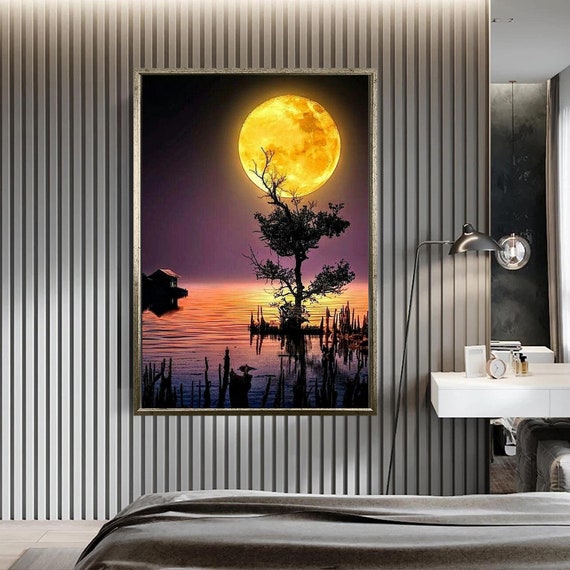 Full Moon Wall Art Night Sky Moon Retro Style Decor Art Milky Way Wall Art Full Moon Full Moon Print Art
