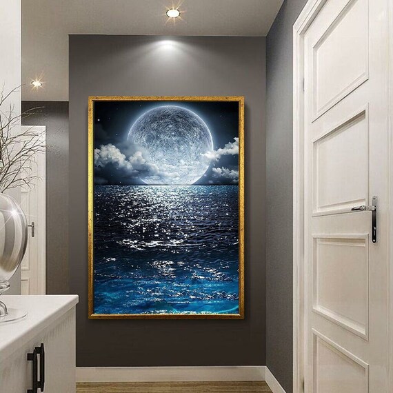 Full Moon Over Ocean Night Seascape Blue Moonlight Wall Poster