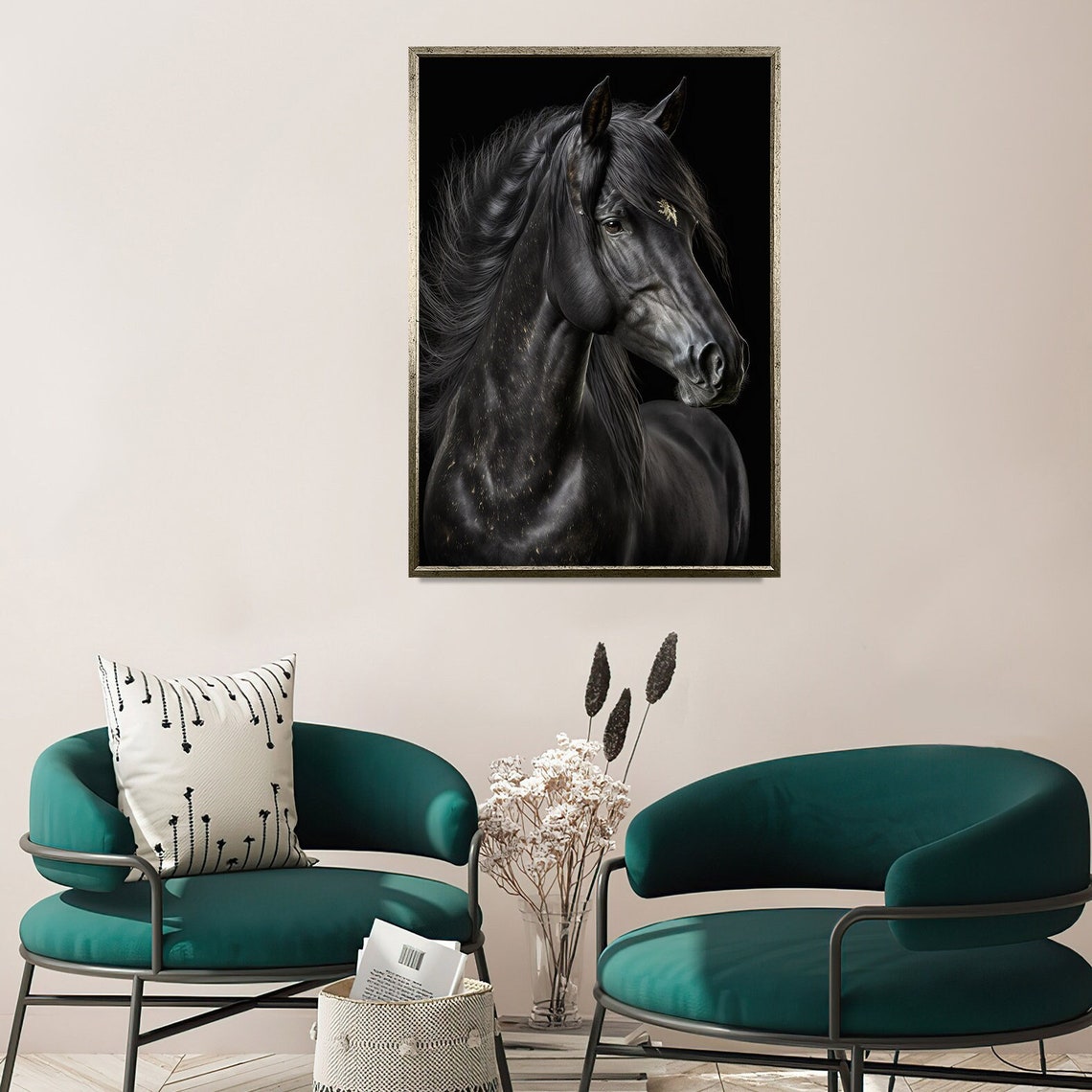 Majestic Black Horse Portrait Against Dark Background Wall Art Poster