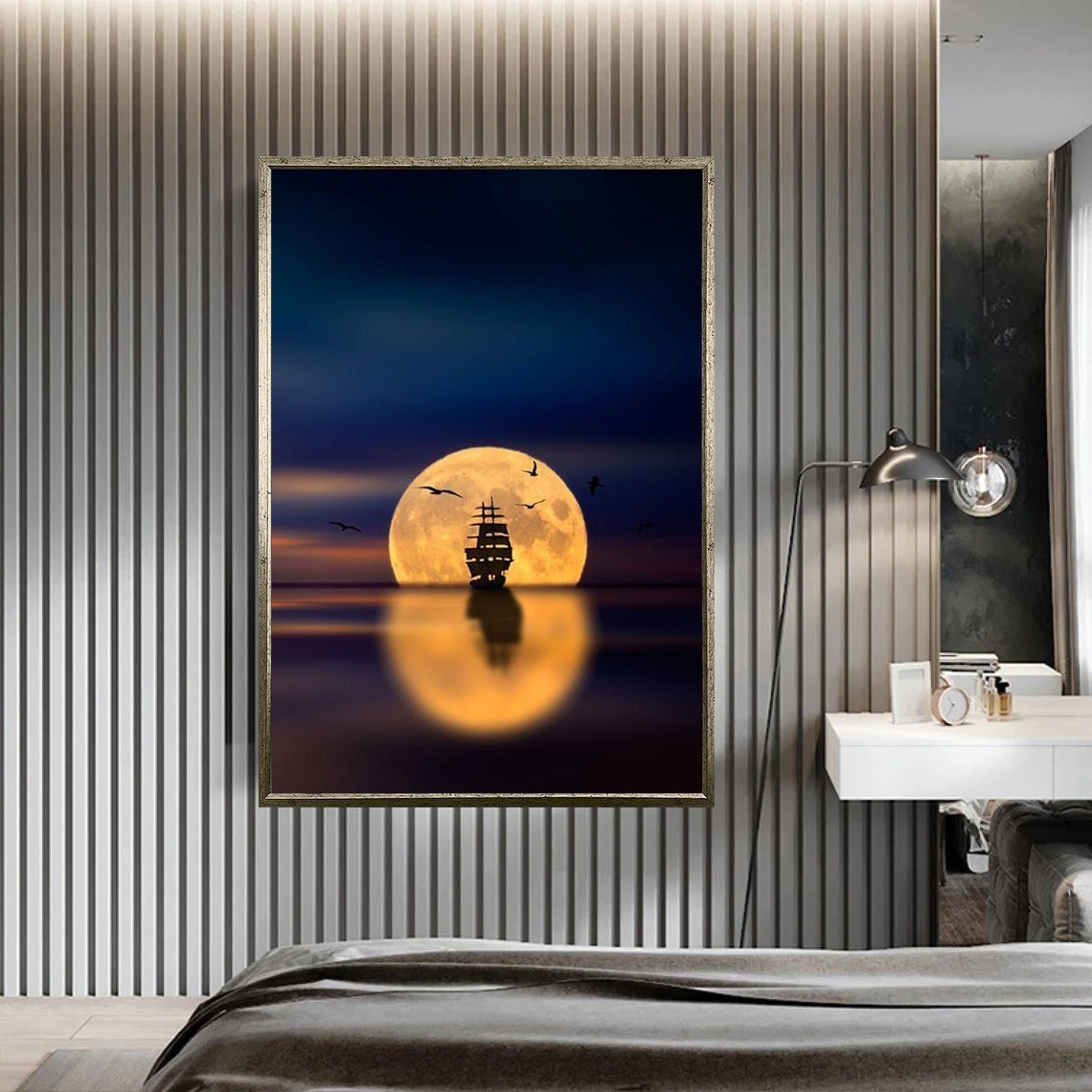 Tall Ship Full Moon Silhouette Calm Sea Night Sailing Nautical Poster