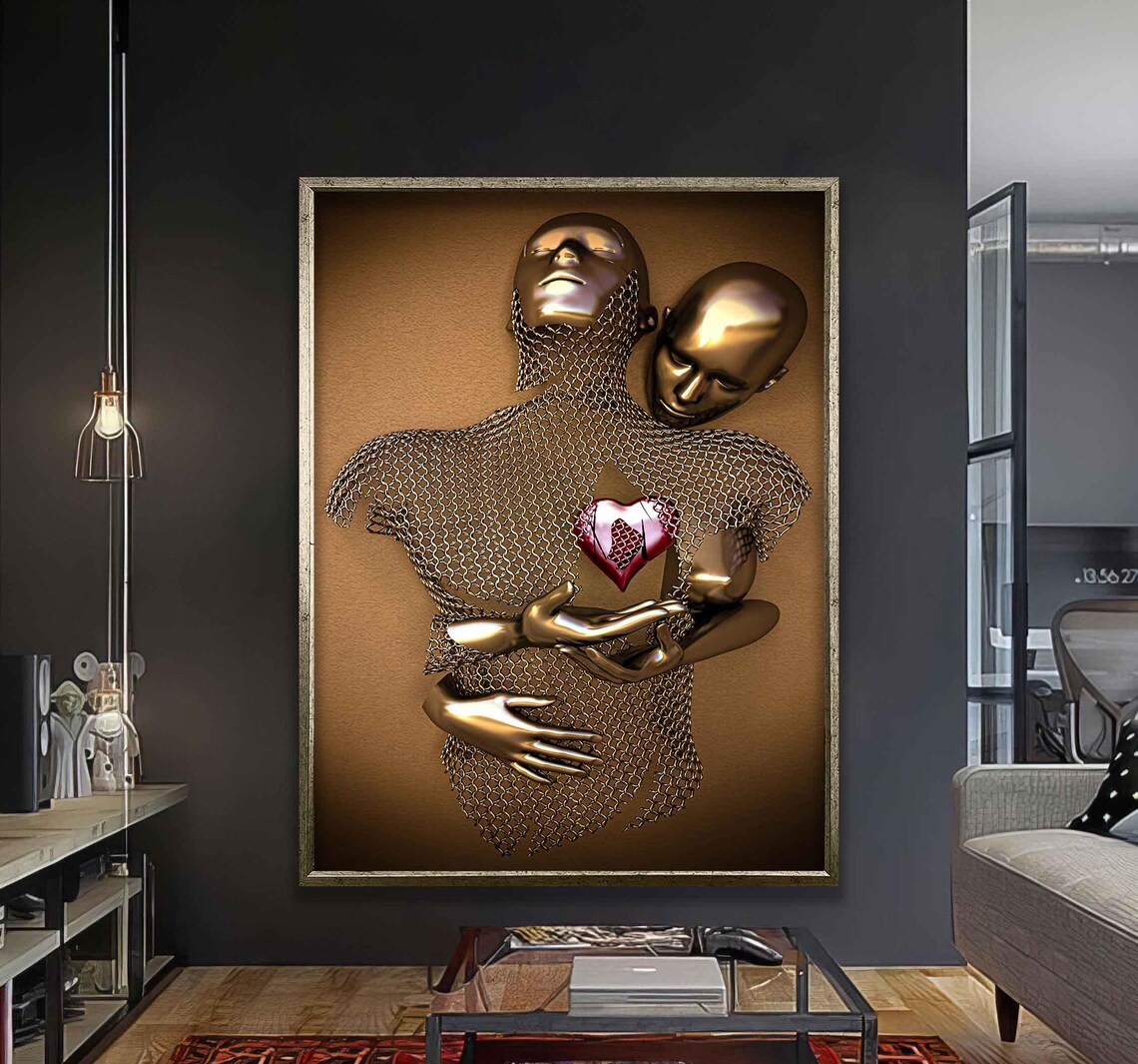 Golden Metallic Couple Embrace Holding Red Heart Romantic Art Poster