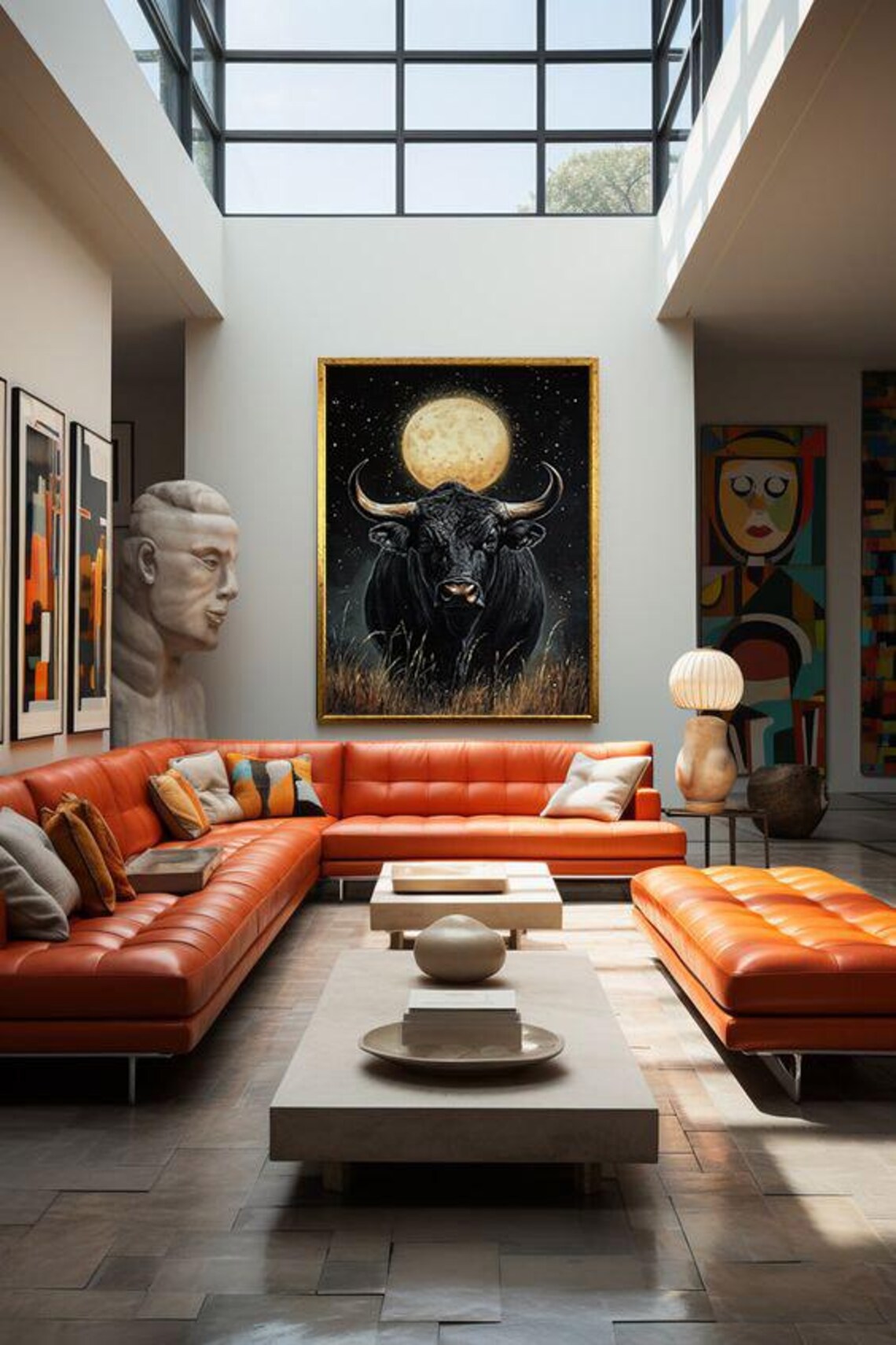 Black Bull under Full Moon Starry Night Powerful Animal Art Poster