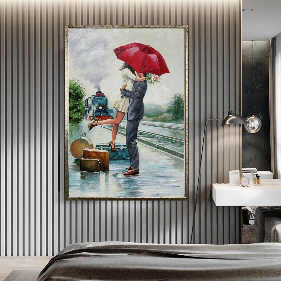 Red Umbrella Couple Eiffel Tower Modern Minimalist Art Print