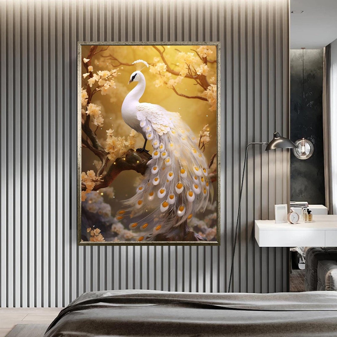 Golden White Peacock Blossom Branch Sunny Exotic Bird Wall Art Poster