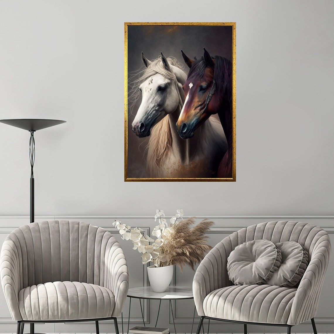 White And Brown Horse Heads Pair Golden Frame Equestrian Wall Poster