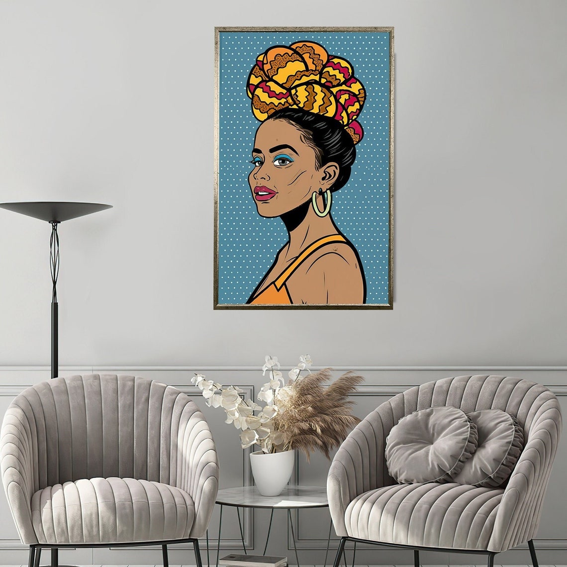Pop Art African Woman Colorful Headwrap Blue Polka Dot Wall Art Poster