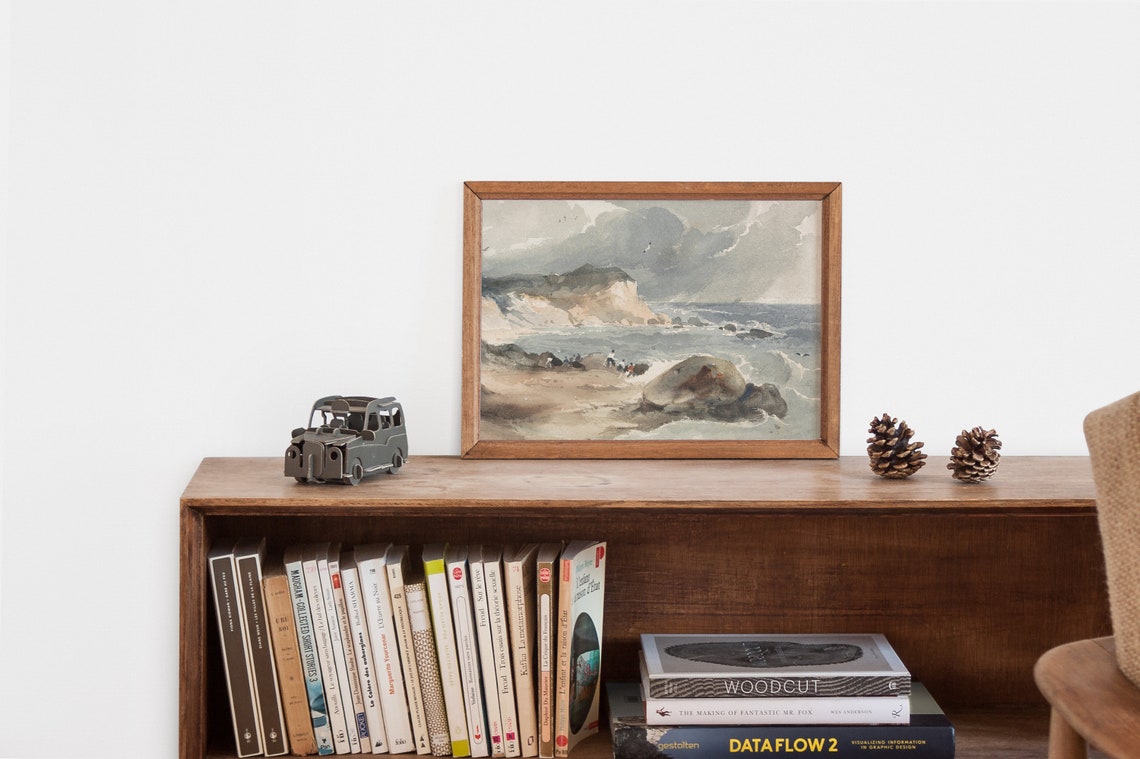 Vintage Neutral Coastal Landscape Wall Art Moody Seascape Painting Art Print - Image 2