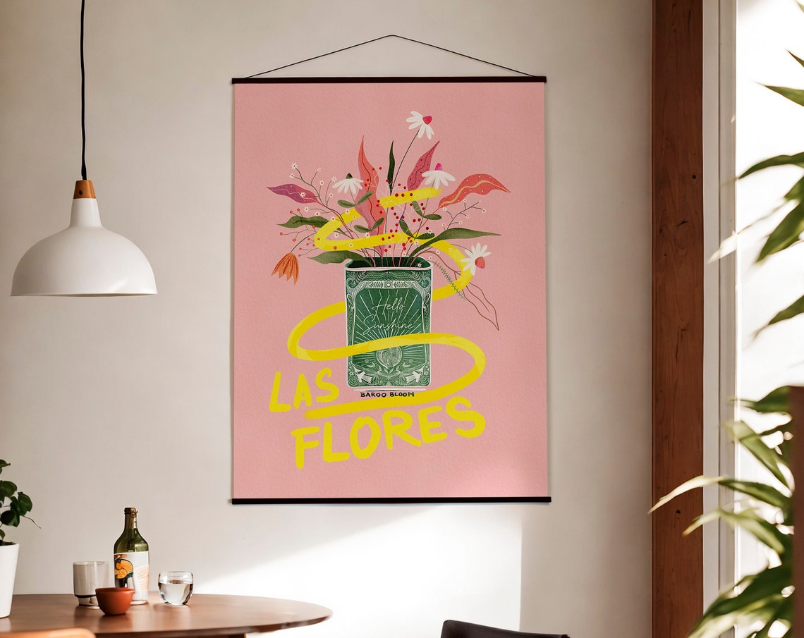 Las Flores Pink Floral Tin Vase Bright Yellow Swirl Art Poster