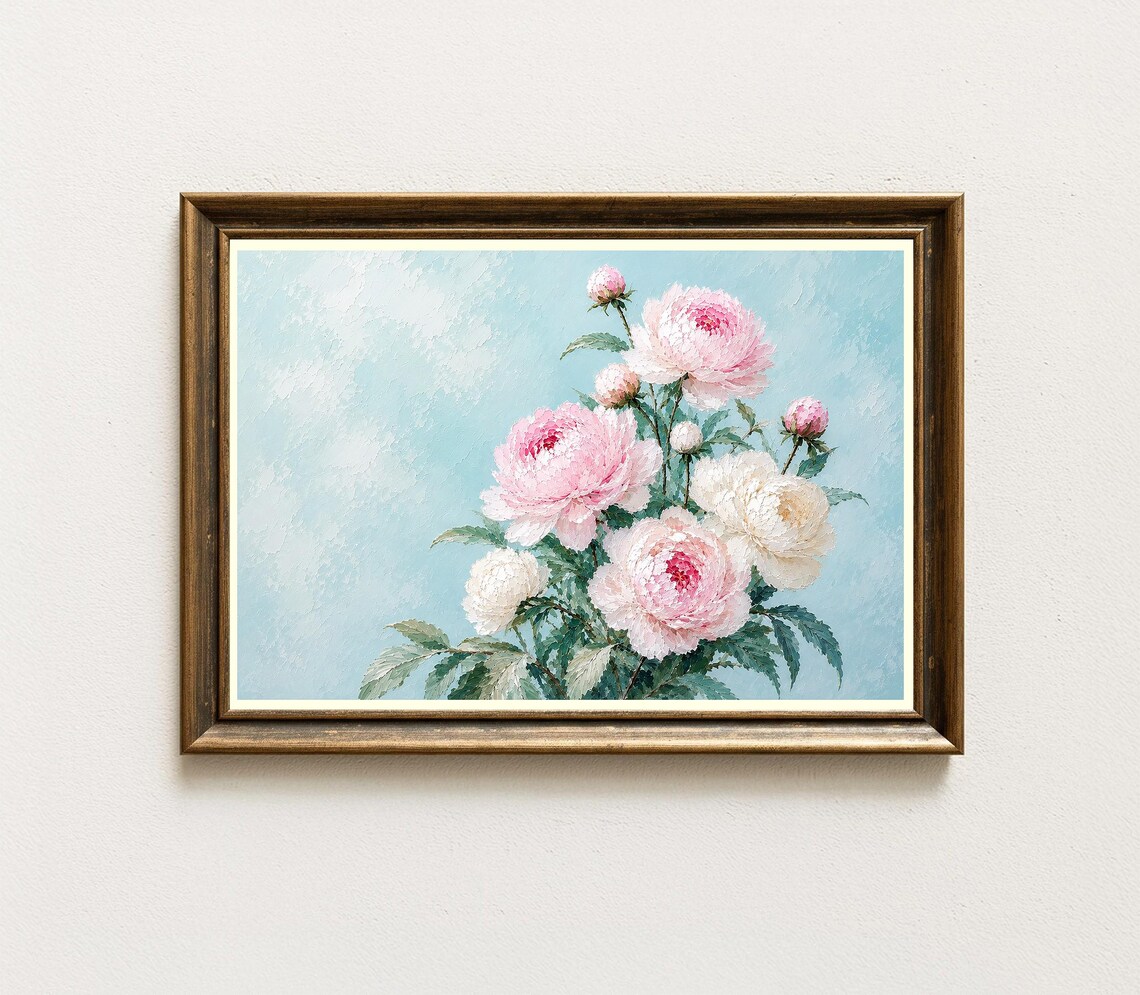 Pink Peony Blossoms Floral Oil Painting Pastel Botanical Wall Poster