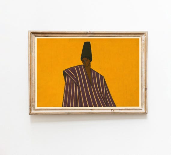 Abstract Portrait Print Tall Black Hat Art Purple Gold Stripes Yellow Background Wall Decor