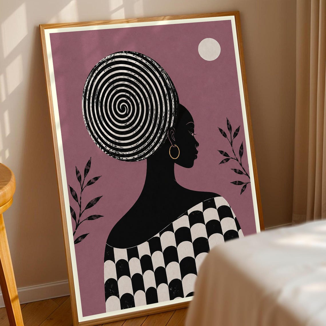 Abstract Woman Wall Art Boho Portrait Print Spiral Headwrap Minimalist Decor