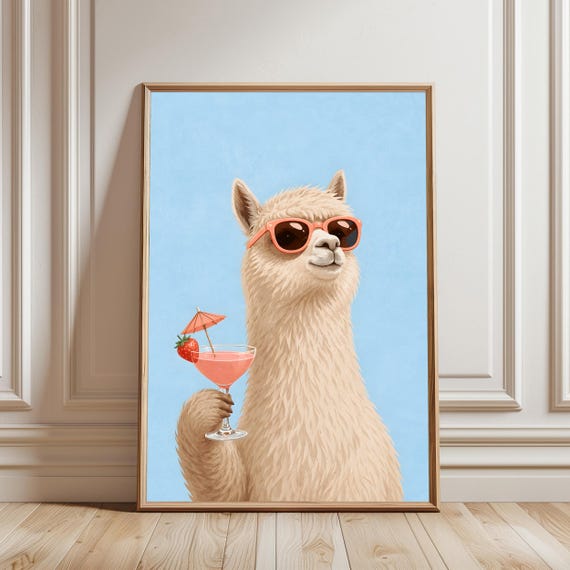 Llama Cocktail Poster Funny Animal Print Bar Cart Decor Whimsical Wall Art