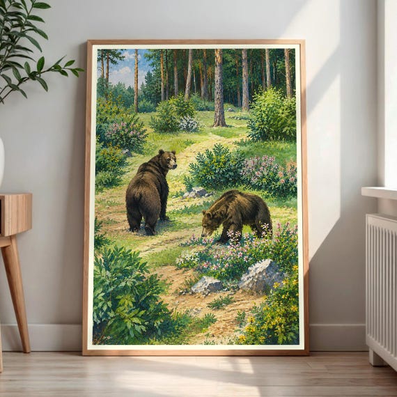 Two Bears Forest Wall Art Vibrant Woodland Scene Lush Greenery Wildflowers Print Nature Home Decor