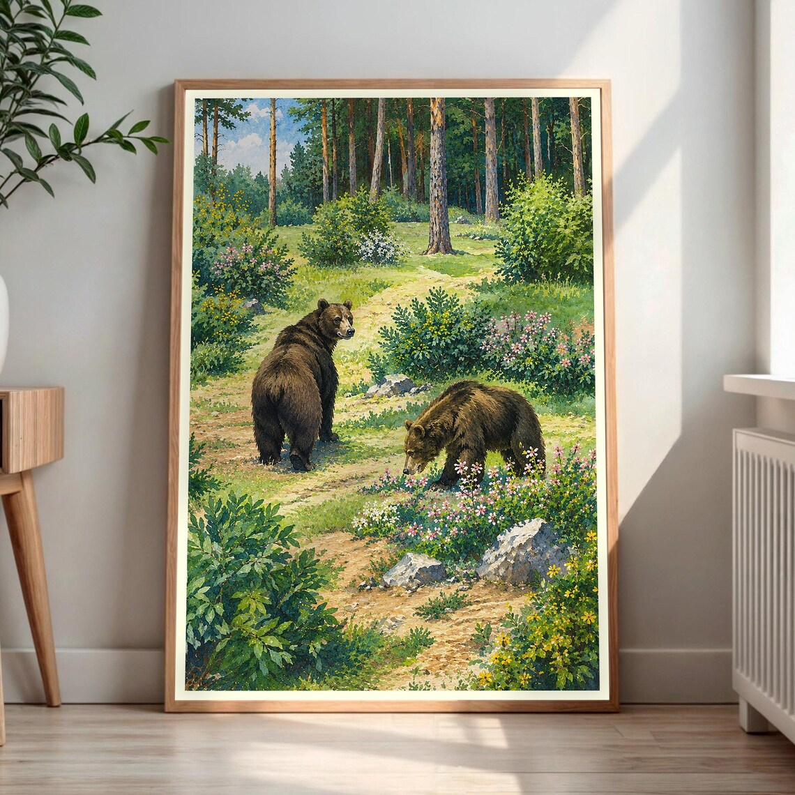 Two Bears in Wildflower Forest Woodland Scene Vintage Painting Poster