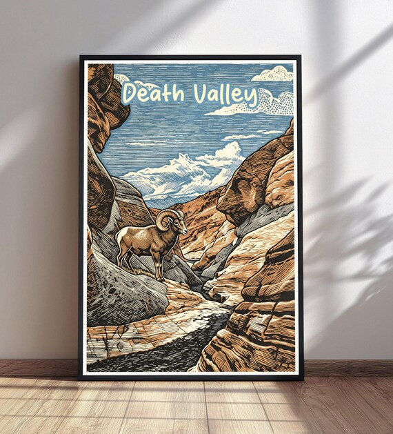 Death Valley Canyon Woodcut Travel Poster With Bighorn Sheep Desert View