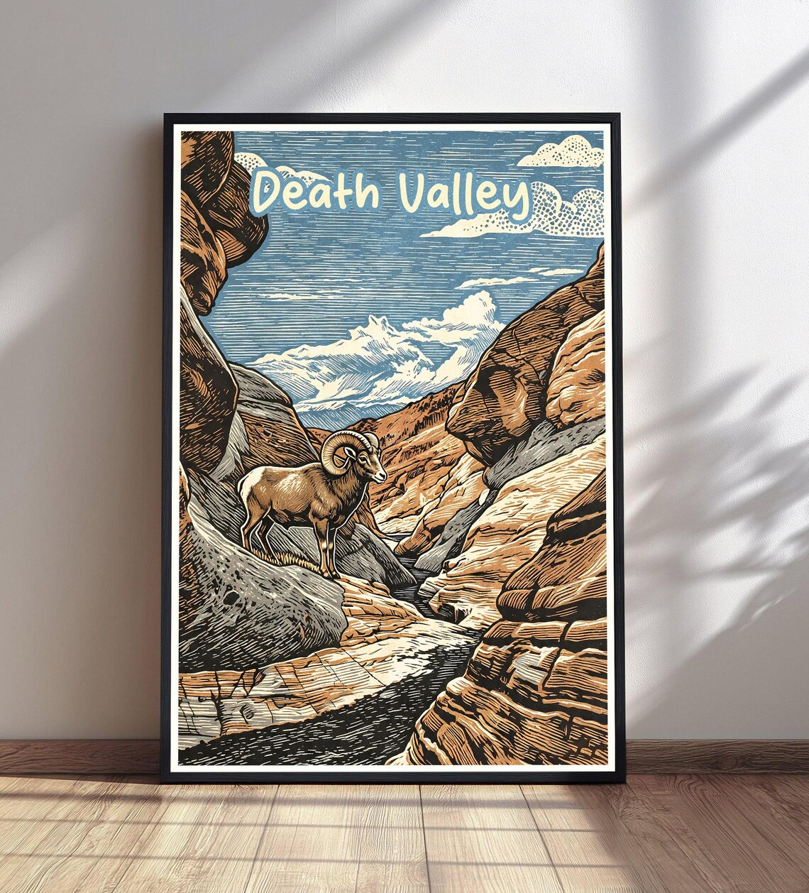 Death Valley Canyon Woodcut Travel Poster With Bighorn Sheep Desert View