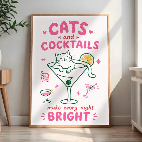 Cats And Cocktails Wall Art Martini Cat Print Funny Bar Cart Decor Whimsical Kitchen Poster