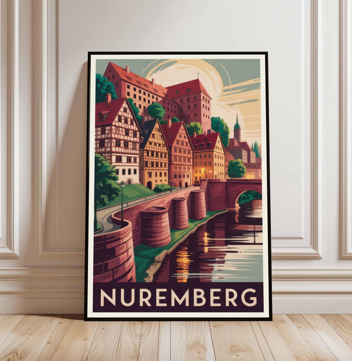 Nuremberg Half Timbered Houses River Bridge Vintage Travel Poster