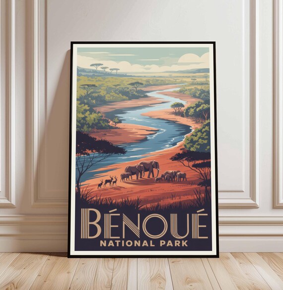 Bénoué National Park Elephants Safari Vintage Travel Decorative Poster