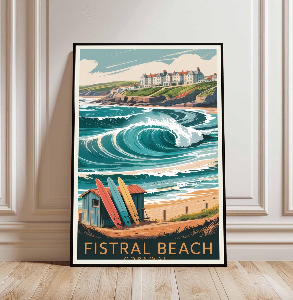 Fistral Beach Cornwall Surf Wave Beach Hut Vintage Travel Poster