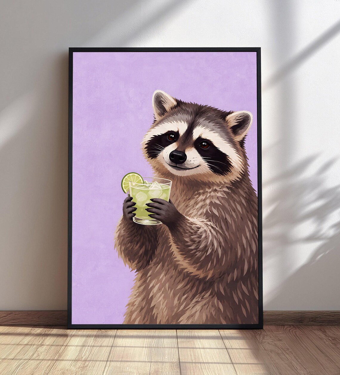 Raccoon Cocktail Art Print, Animal Drink Illustration