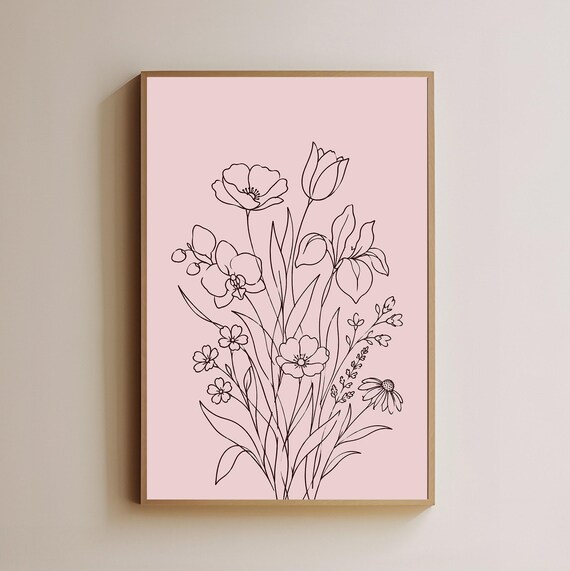 Black Line Floral Bouquet Blush Pink Minimalist Botanical Poster