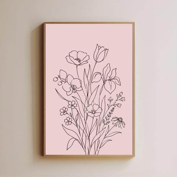 Minimalist Botanical Line Art Print Pink Floral Bouquet Wall Flower Sketch Decor