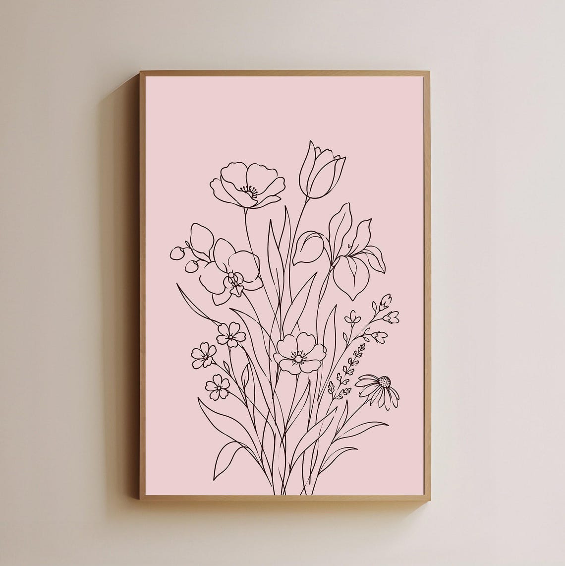 Black Line Floral Bouquet Blush Pink Minimalist Botanical Poster