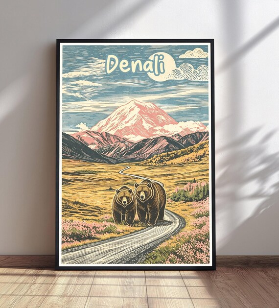 Denali Alaska Vintage Travel Poster with Grizzly Bears and Moon