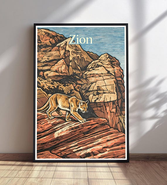 Zion National Park Print Mountain Lion Wall Art Poster Woodcut Style Nature