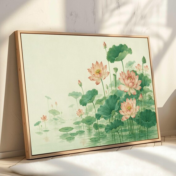 Watercolor Lotus Pond Blossoms Soft Green Zen Floral Art Poster