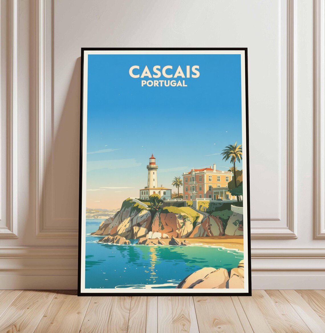 Cascais Portugal Lighthouse Coastal Vintage Travel Style Poster